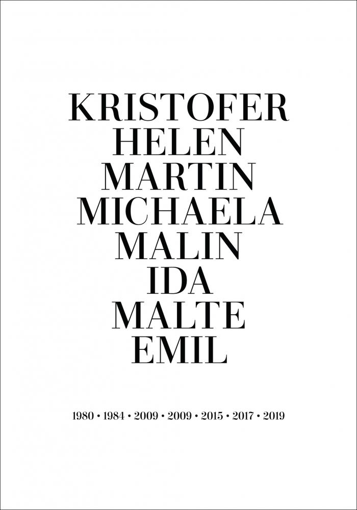 Personlig poster Family picture - 8 Names & Birth years - White