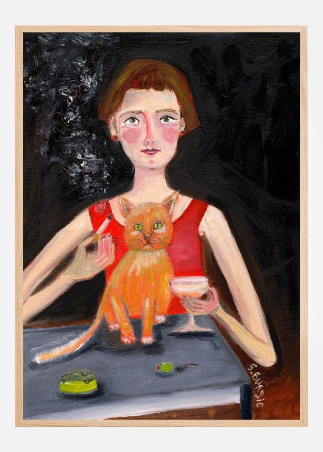 Bildverkstad Vintage woman with cocktail and cat Poster
