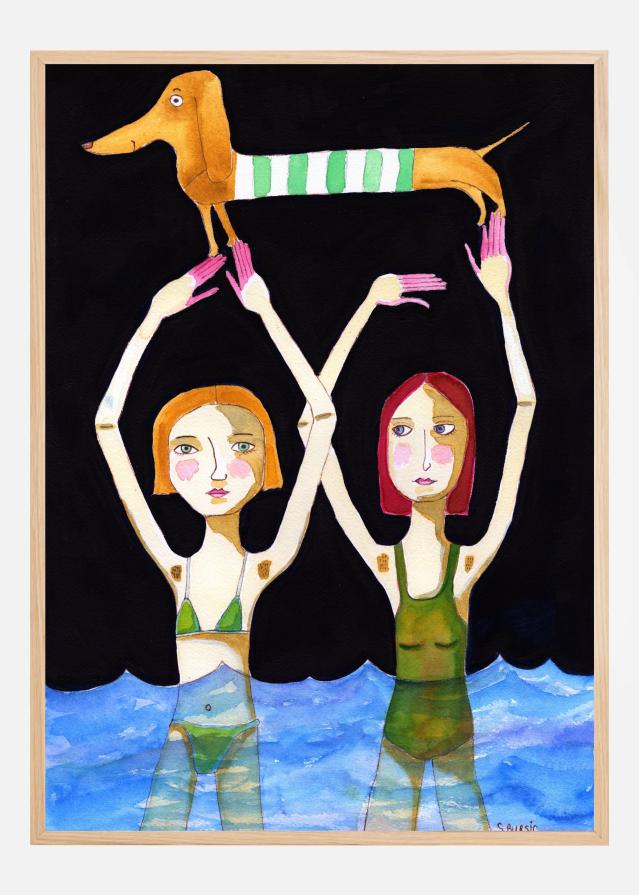 Bildverkstad Swimming Girls with Sausage Dog Poster