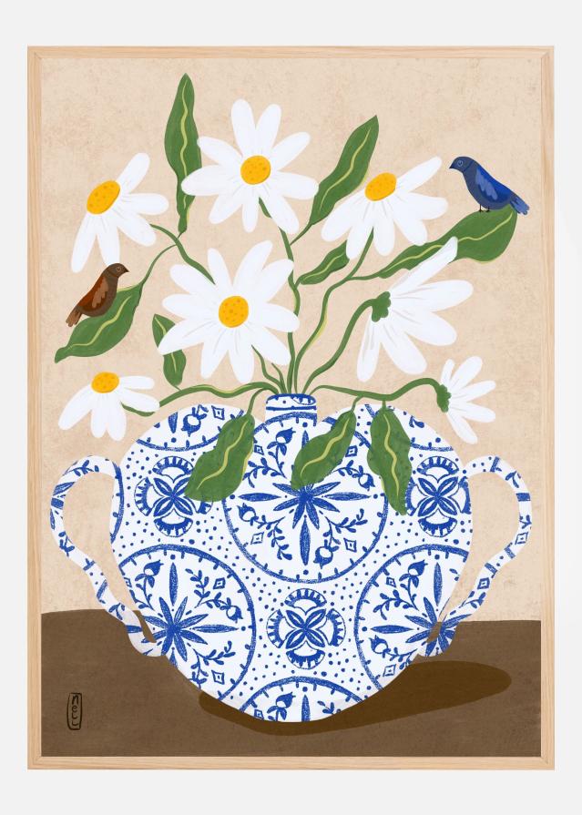 Bildverkstad White Flowers in a Vase with Birds Poster