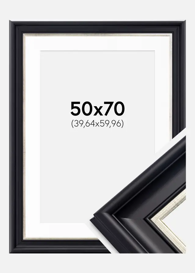 Ram med passepartou Frame Dalarna Black-Silver 50x70 cm - Picture Mount White 16x24 inches