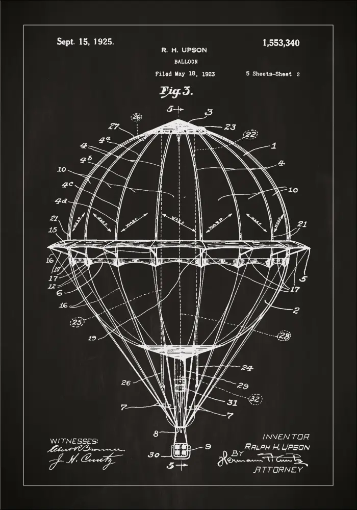 Bildverkstad Patent drawing - Hot air balloon - Black Poster