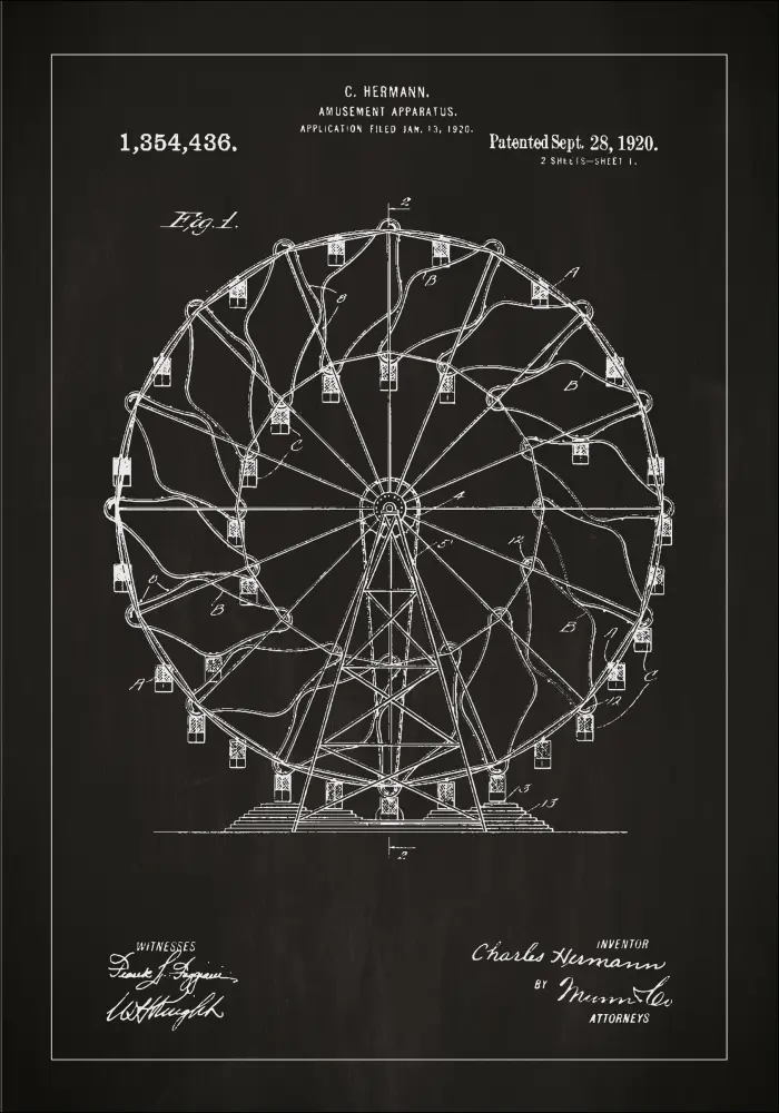 Bildverkstad Patent drawing - Ferris wheel - Black Poster