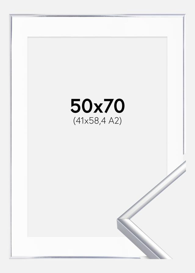 Ram med passepartou Frame Aluminium Shiny Silver 50x70 cm - Picture Mount White 42x59,4 cm (A2)