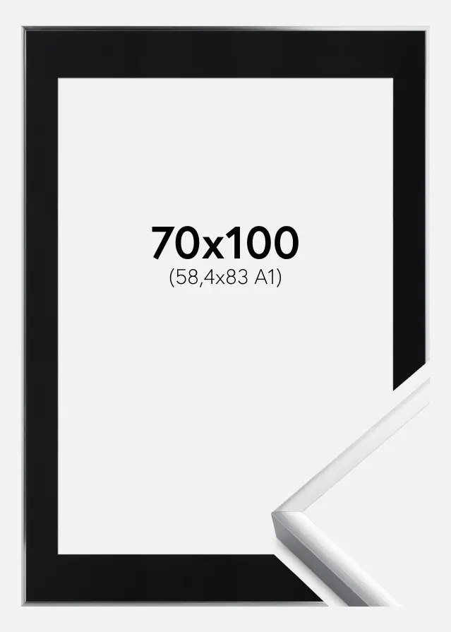 Ram med passepartou Frame Poster Frame Aluminium Silver 70x100 cm - Picture Mount Black 59.4x84 cm