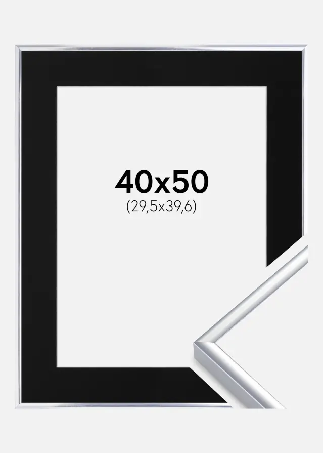 Ram med passepartou Frame Aluminium Shiny Silver 40x50 cm - Picture Mount Black 12x16 inches
