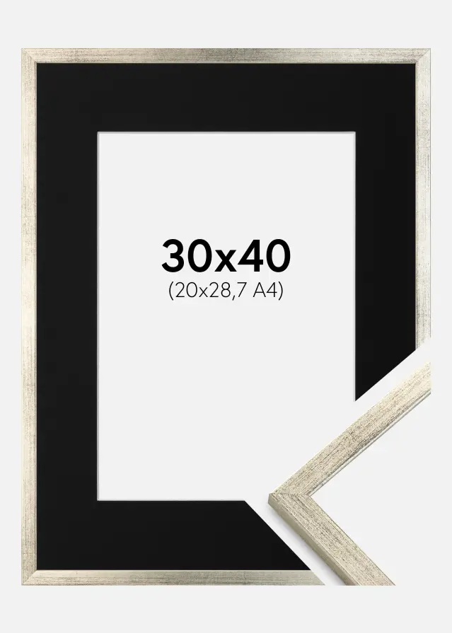 Ram med passepartou Frame Galant Silver 30x40 cm - Picture Mount Black 21x29.7 cm (A4)