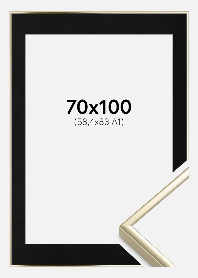 Ram med passepartou Frame Aluminium Shiny Gold 70x100 cm - Picture Mount Black 59.4x84 cm (A1)