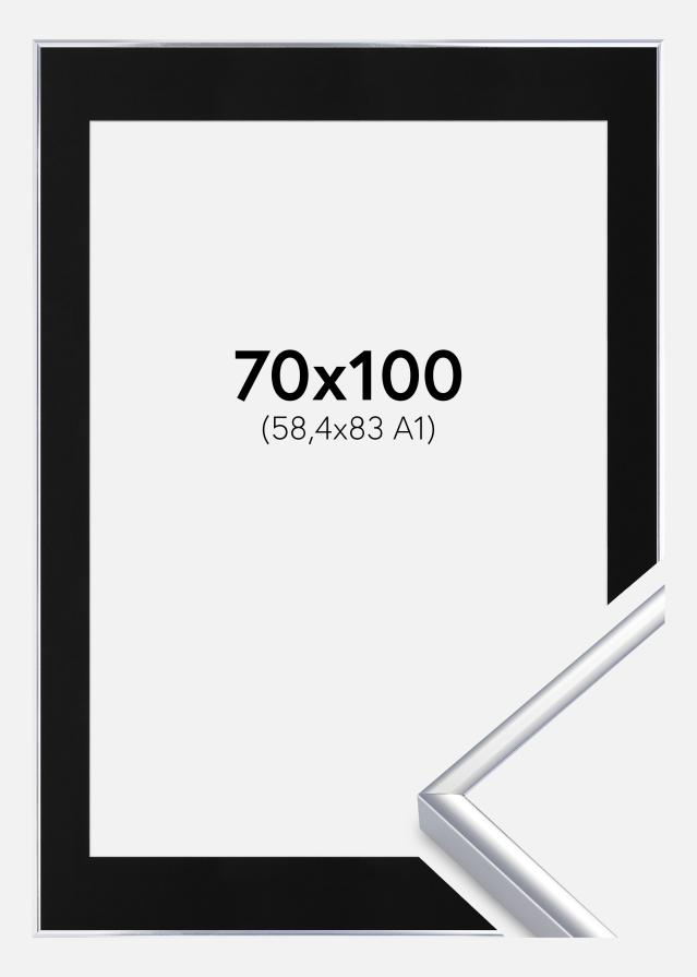 Ram med passepartou Frame Aluminium Shiny Silver 70x100 cm - Picture Mount Black 59.4x84 cm (A1)