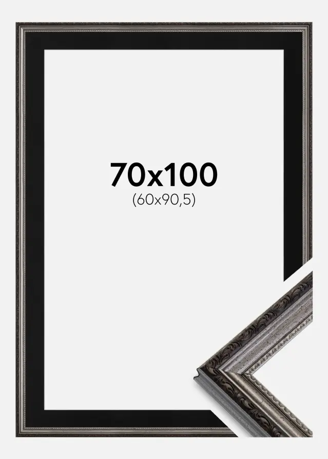 Ram med passepartou Frame Abisko Silver 70x100 cm - Picture Mount Black 61x91.5 cm