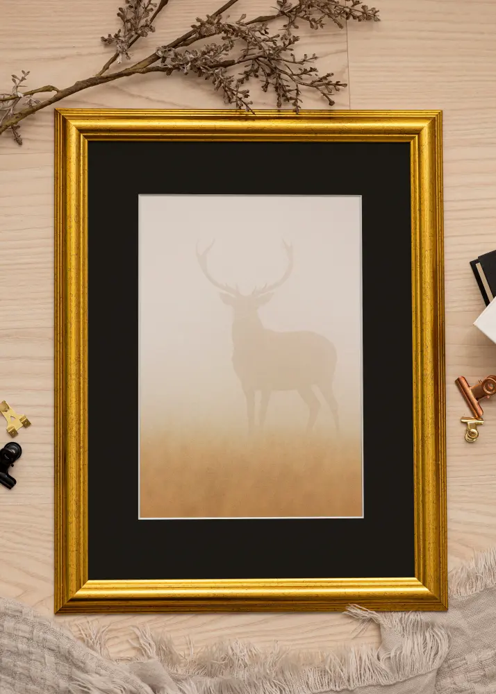 Ram med passepartou Frame Västkusten Gold 40x100 cm - Picture Mount Black 30x91 cm