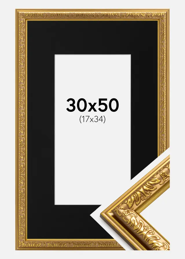 Ram med passepartou Frame Nostalgia Gold 30x50 cm - Picture Mount Black 18x35 cm