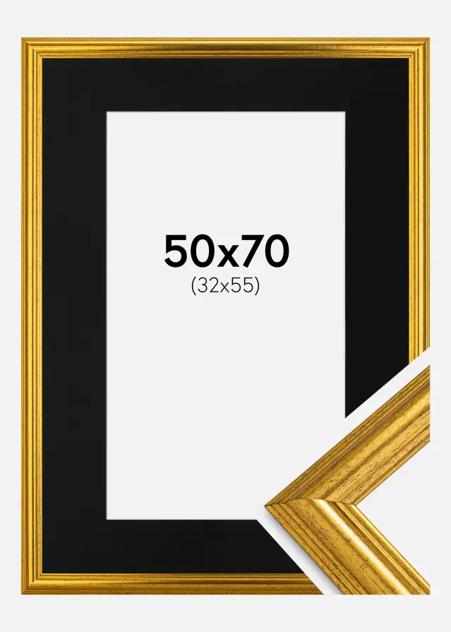 Ram med passepartou Frame Västkusten Gold 50x70 cm - Picture Mount Black 33x56 cm