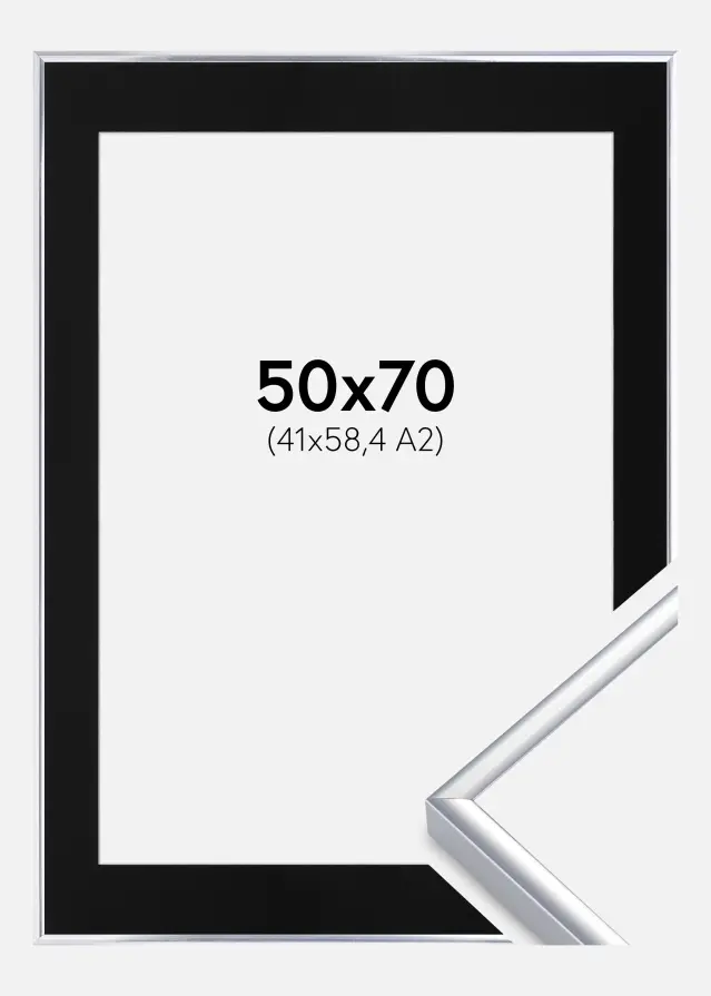 Ram med passepartou Frame Aluminium Shiny Silver 50x70 cm - Picture Mount Black 42x59.4 cm (A2)