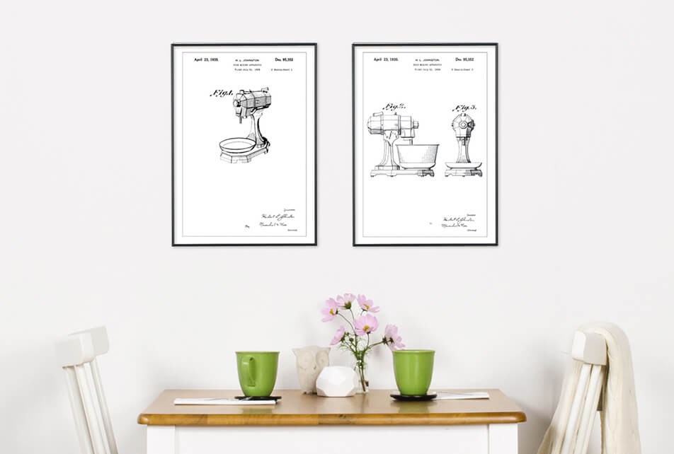 Posters with patent draws of a mixer, against white wall - kitchen decor