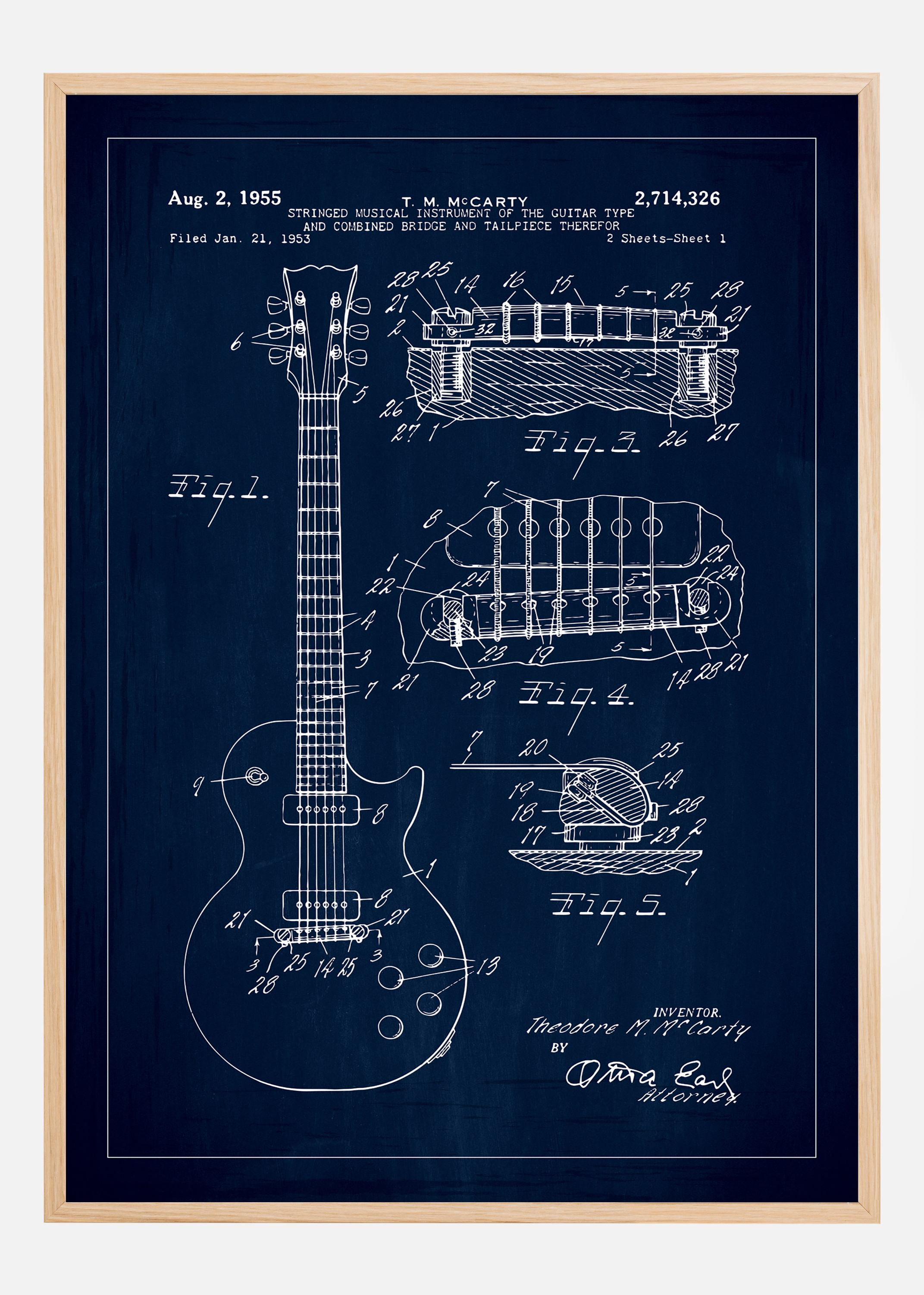 Patent drawing - Electric guitar I - Blue Poster (50x70 cm)
